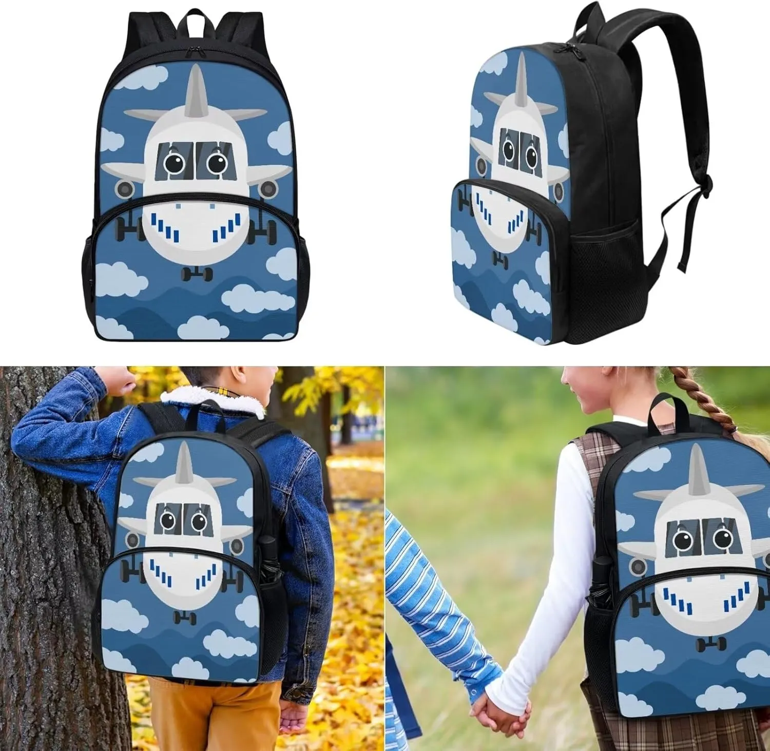 Aircraft Boys Backpack 6-8 White Clouds Backpack Set Kids 3 Piece School Backpack for Teen Girls Backpack with Matching Lunch Bag & Pencil Pouch for Kids Elementary Primary Middle