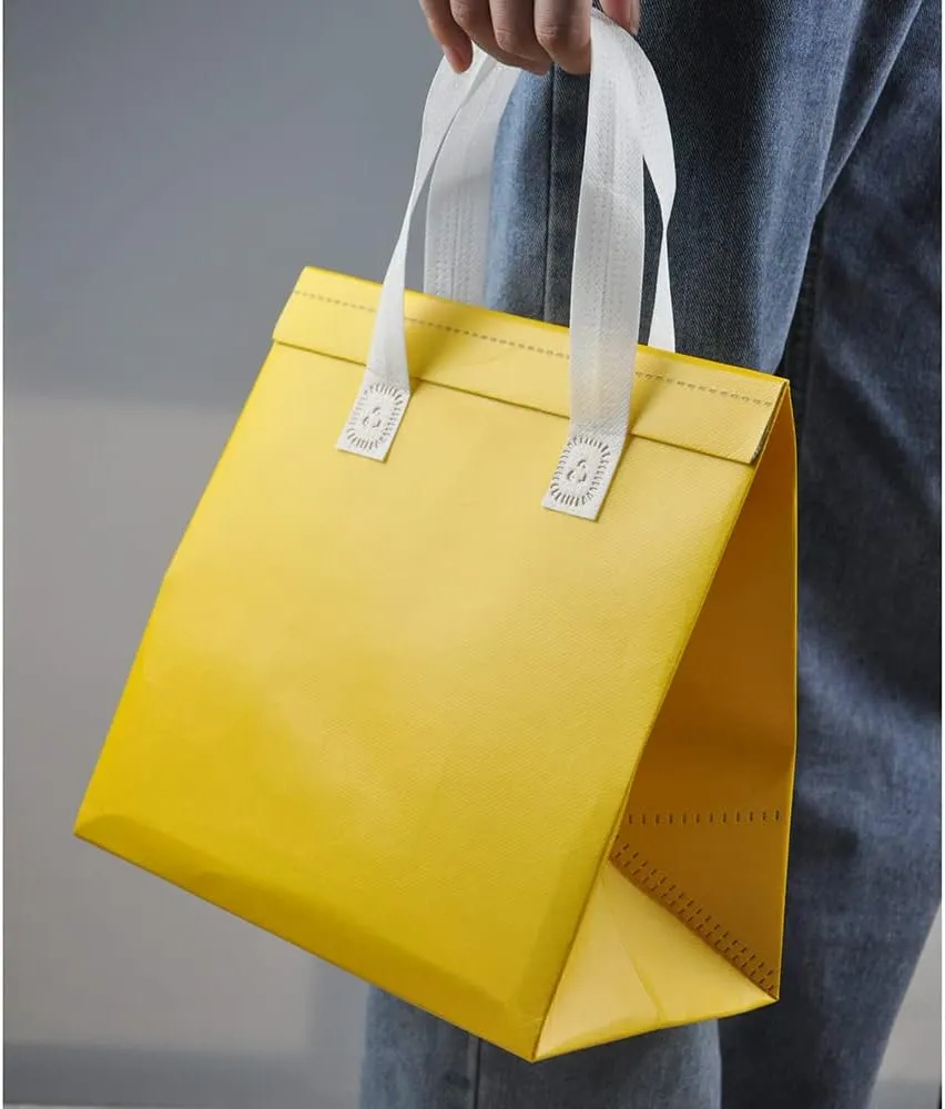 AIVYGDEN Insulated Take Away Bags,Thermal Insulation Food Bag for Coffee,Milky Tea,Take-away Dinner,Fresh Seafood,Cold or Warm Food drive for Restaurant,Retail Store or Picnic/BBQ (Yellow / 12-Pack)