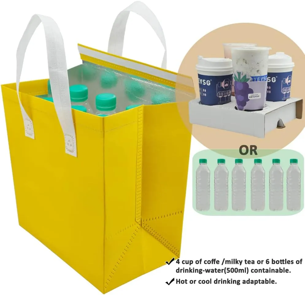 AIVYGDEN Insulated Take Away Bags,Thermal Insulation Food Bag for Coffee,Milky Tea,Take-away Dinner,Fresh Seafood,Cold or Warm Food drive for Restaurant,Retail Store or Picnic/BBQ (Yellow / 12-Pack)