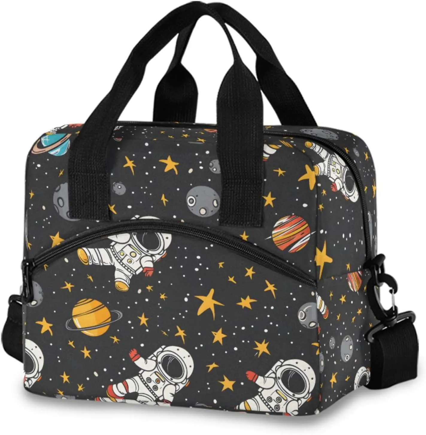 ALAZA Cartoon Astronauts Stars Asteroids Insulated Lunch Bag for Women Reusable Lunch BoxCooler Tote Bag with Shoulder Strap Men Picnic School Lunchbox