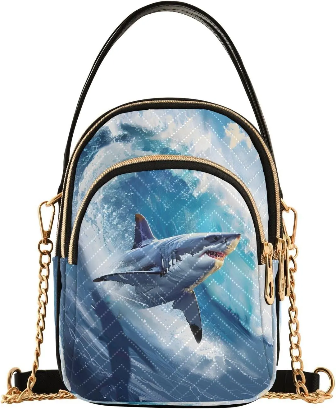 ALAZA Chain Crossbody Bags for Women Angry Shark Waves Quilted Shoulder Crossbody Handbags Travel Cross Body Cell Phone Purses Bags