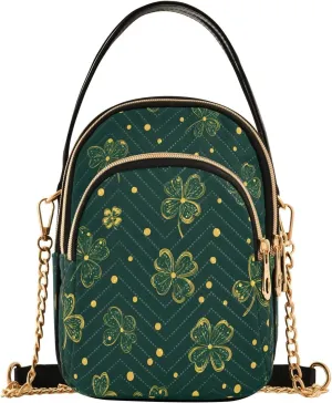 ALAZA Chain Crossbody Bags for Women Four Leaf Clover Leaves Green Quilted Shoulder Crossbody Handbags Travel Cross Body Cell Phone Purses Bags
