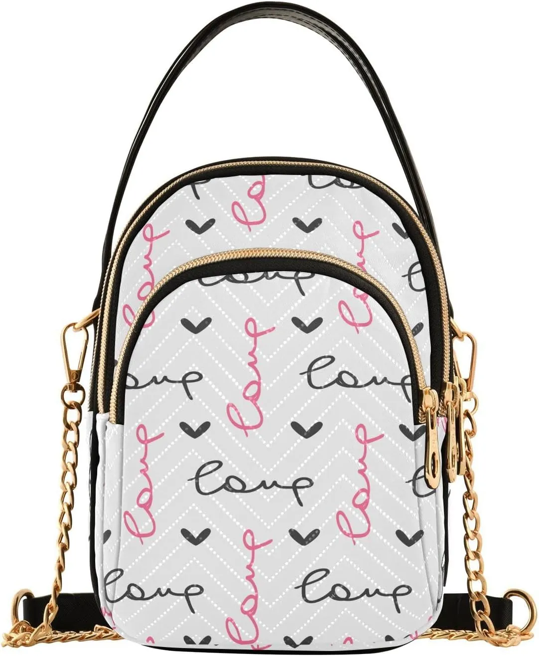 ALAZA Chain Crossbody Bags for Women Hearts Handwritten Text Love Quilted Shoulder Crossbody Handbags Travel Cross Body Cell Phone Purses Bags