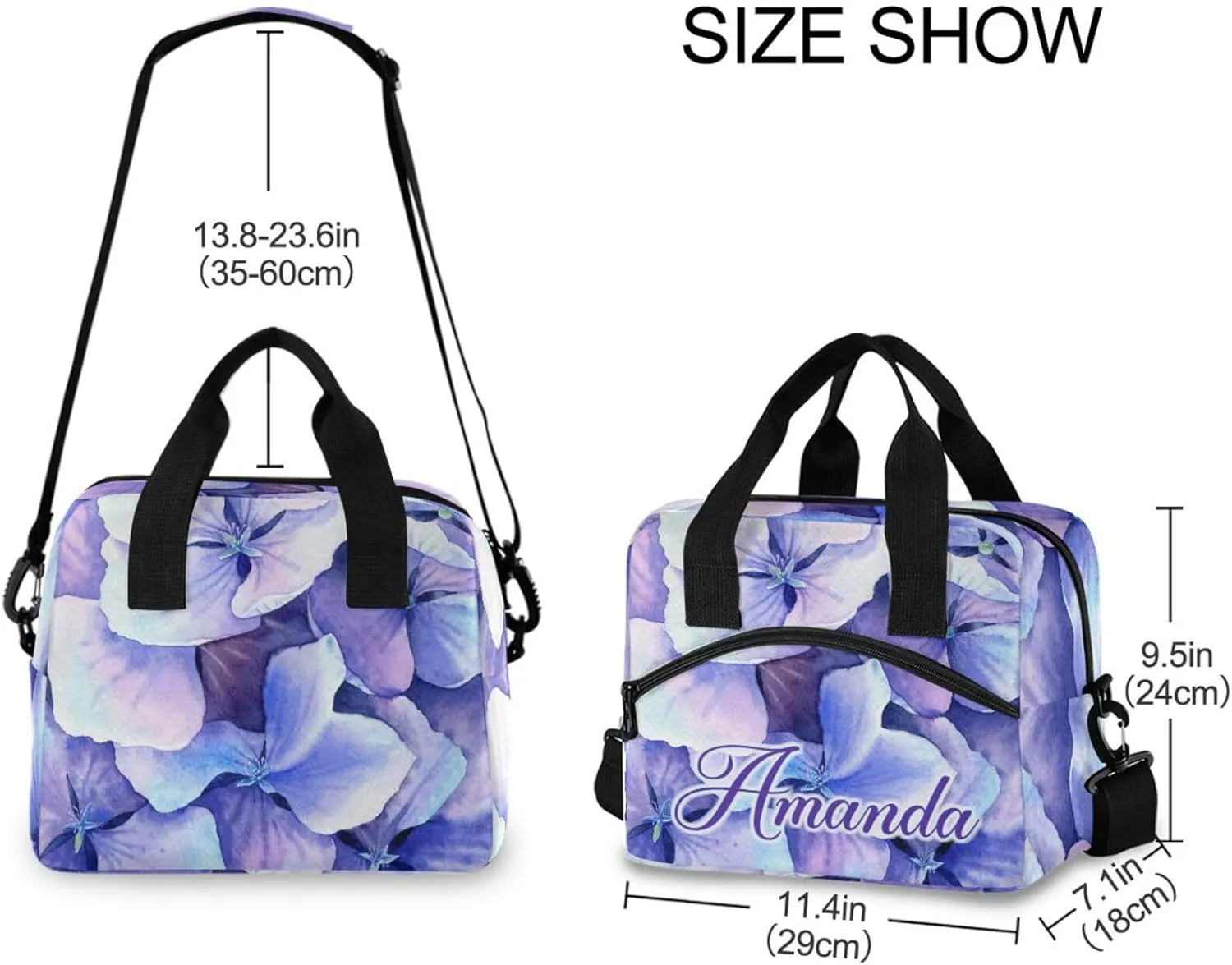 ALAZA Custom Purple Hydrangea Flower Petals Lunch Bag Personalized Name Custom Lunch Box for Women Men Reusable Insulated Tote Bag Adjustable Shoulder Strap Cooler Bag