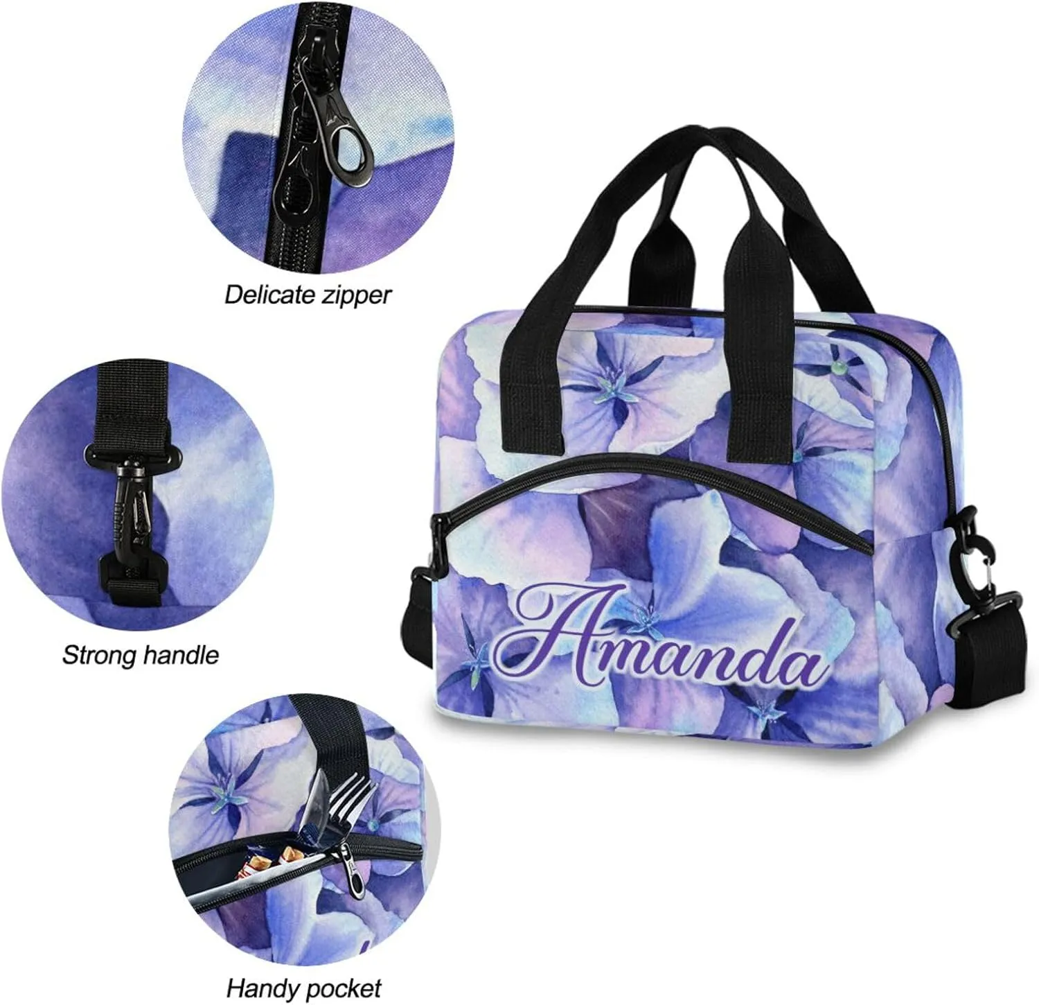 ALAZA Custom Purple Hydrangea Flower Petals Lunch Bag Personalized Name Custom Lunch Box for Women Men Reusable Insulated Tote Bag Adjustable Shoulder Strap Cooler Bag