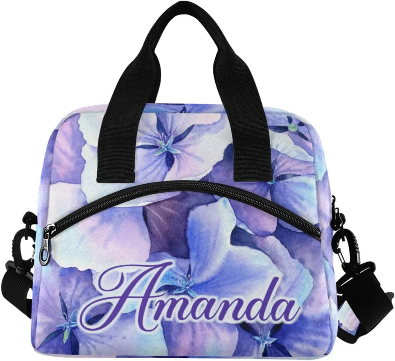 ALAZA Custom Purple Hydrangea Flower Petals Lunch Bag Personalized Name Custom Lunch Box for Women Men Reusable Insulated Tote Bag Adjustable Shoulder Strap Cooler Bag