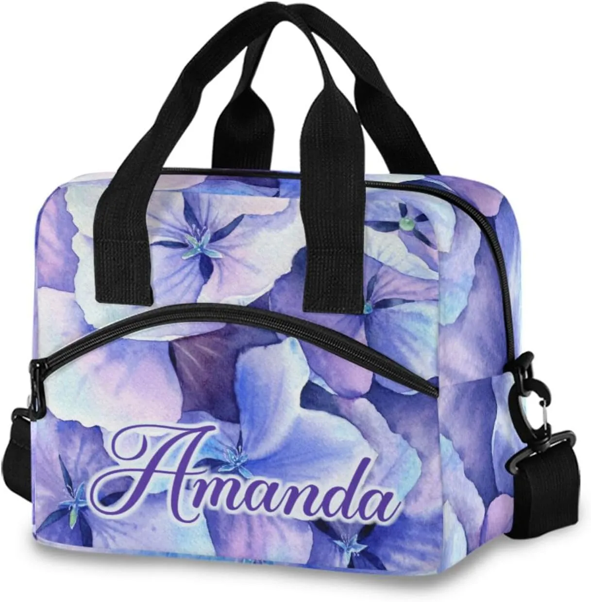 ALAZA Custom Purple Hydrangea Flower Petals Lunch Bag Personalized Name Custom Lunch Box for Women Men Reusable Insulated Tote Bag Adjustable Shoulder Strap Cooler Bag