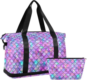 ALAZA Mermaid Scales Rainbow Travel Duffel Bag for Women Men Sports Gym Bag with Shoe Compartment Tote Weekender Overnight Bag with Wet Pocket for Travel, Gym,Yoga,Swimming