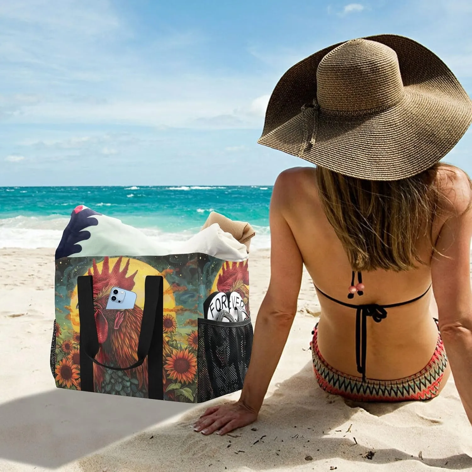 ALAZA Rooster Sun Sunflower Waterproof Beach Tote Bags