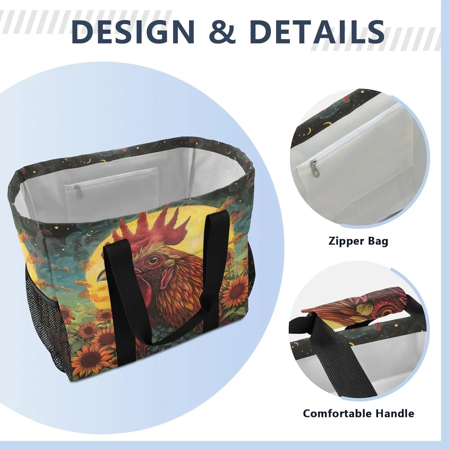 ALAZA Rooster Sun Sunflower Waterproof Beach Tote Bags