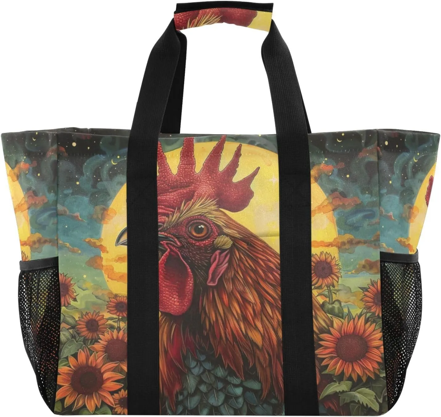 ALAZA Rooster Sun Sunflower Waterproof Beach Tote Bags