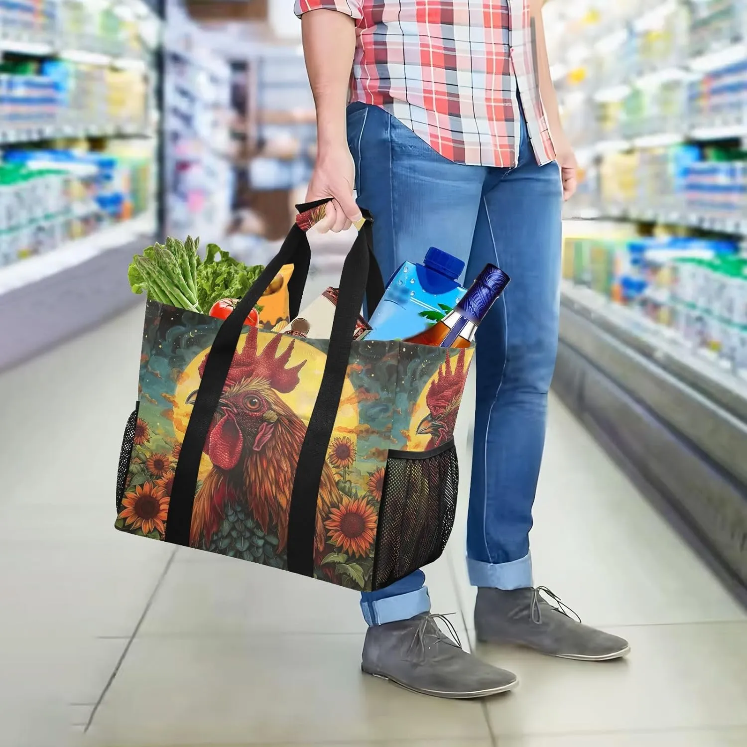 ALAZA Rooster Sun Sunflower Waterproof Beach Tote Bags