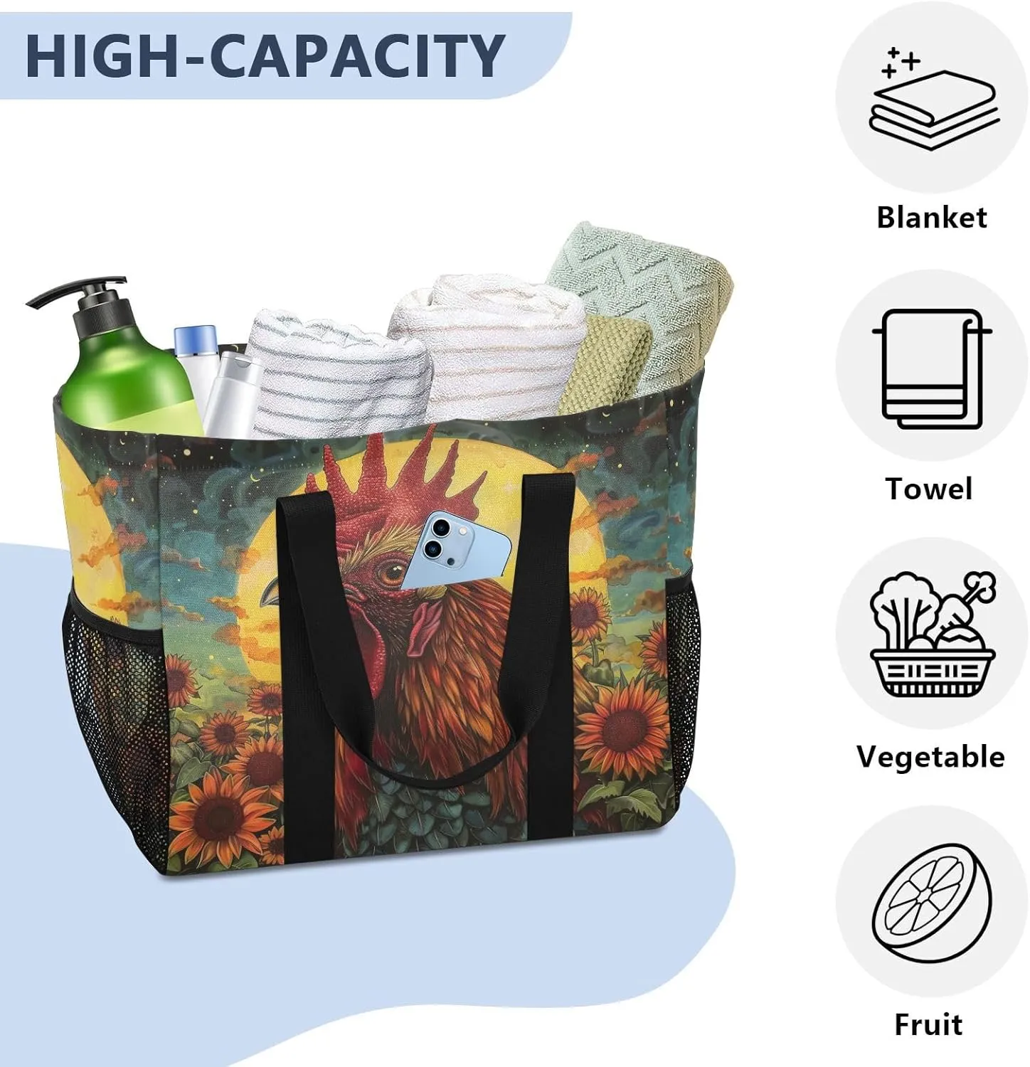 ALAZA Rooster Sun Sunflower Waterproof Beach Tote Bags