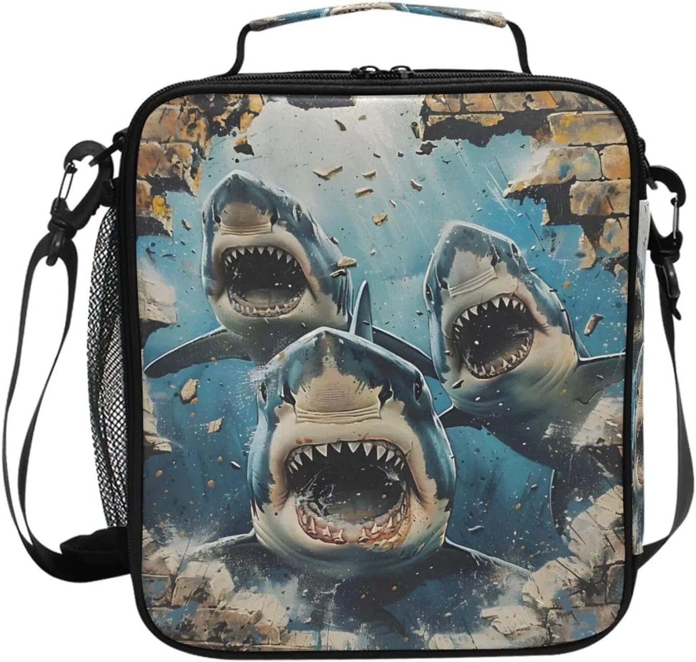 ALAZA Sharks Break Through Walls Lunch Box Insulated Lunch Bag Girls Lunch Cooler Bag Tote Freezable Shoulder Strap Lunchbox Thermal Meal Tote Kit for Girls School Picnic