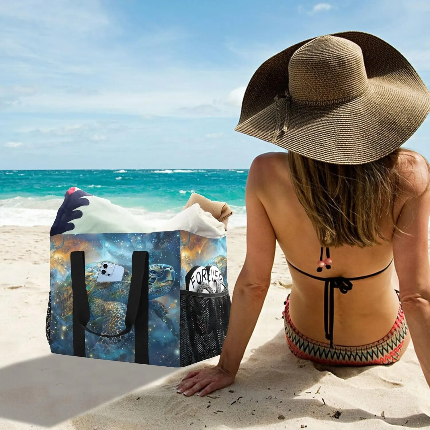ALAZA Turtle Flower Waterproof Beach Tote Bags