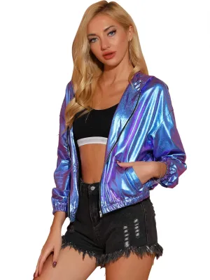 Allegra K Women's Holographic Party Shimmering Shiny Lightweight Zipper Hooded Metallic Jacket