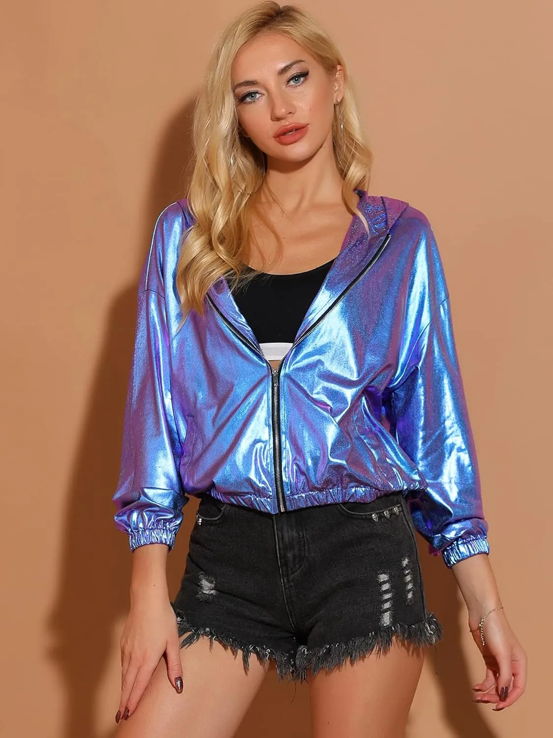 Allegra K Women's Holographic Party Shimmering Shiny Lightweight Zipper Hooded Metallic Jacket