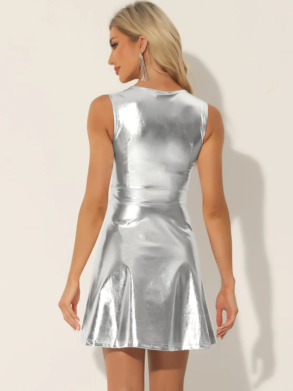 Allegra K Women's Metallic Sleeveless High Waist Club Party Disco Holographic Dress