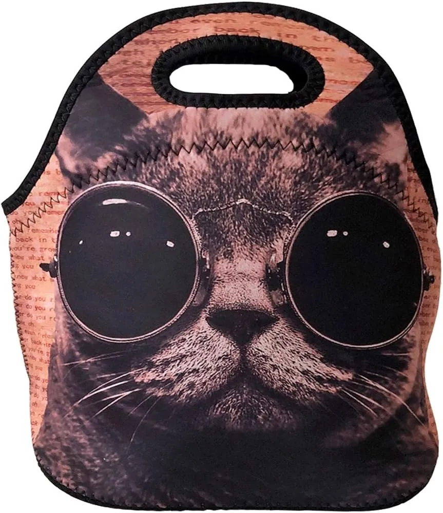 allydrew Insulated Neoprene Lunch Bag Zipper Lunch Box Tote, Cool Cat