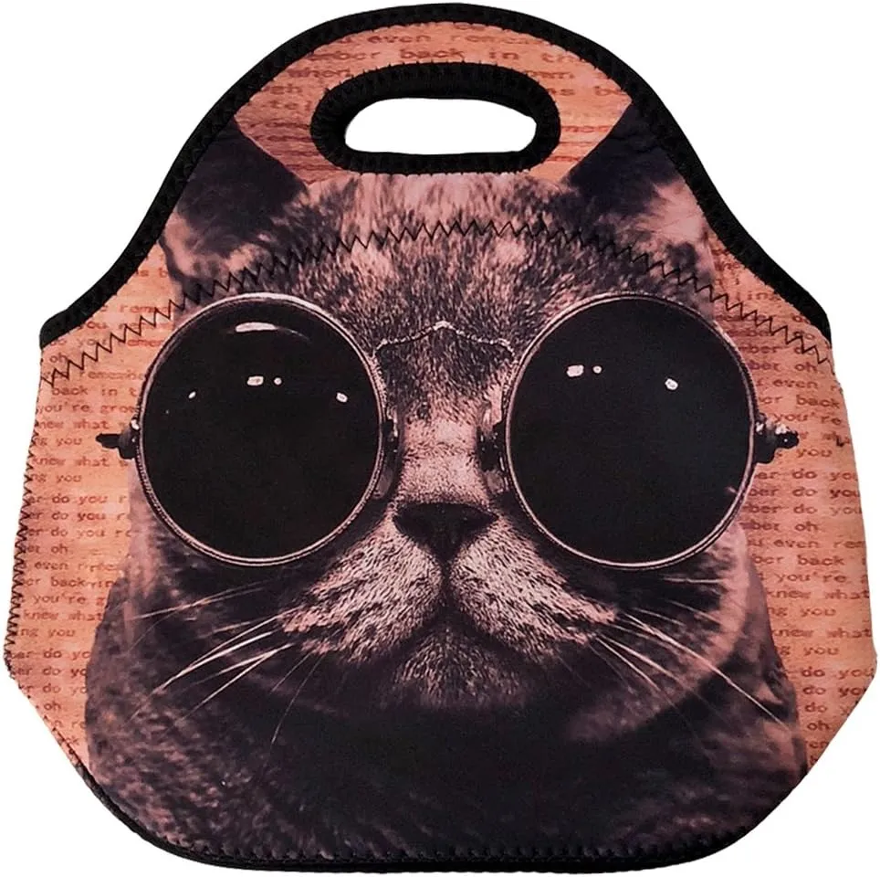 allydrew Insulated Neoprene Lunch Bag Zipper Lunch Box Tote, Cool Cat