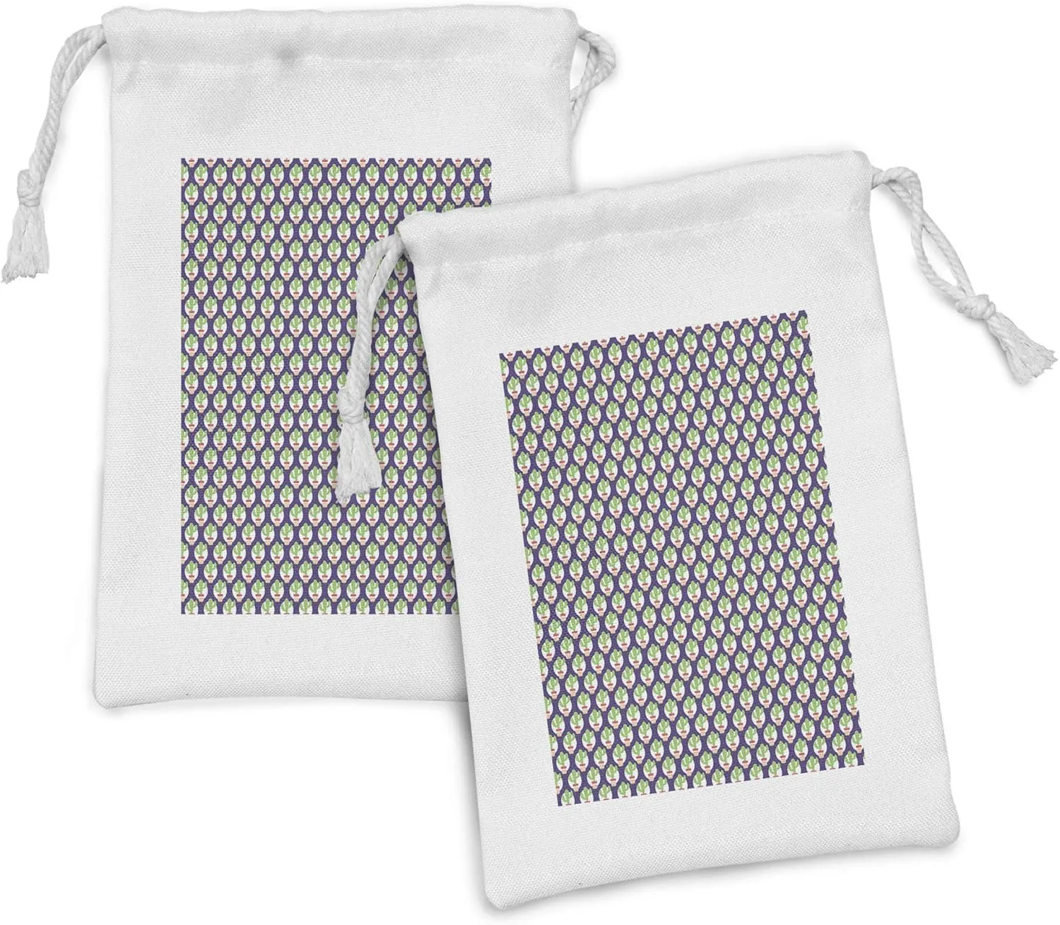 Ambesonne Cactus Print Fabric Pouch Set of 2, Layout of Round Blots with Spiked Elements Ornamental Pots Design, Small Drawstring Bag for Toiletries Masks and Favors, 9" x 6", Quartz and Multicolor