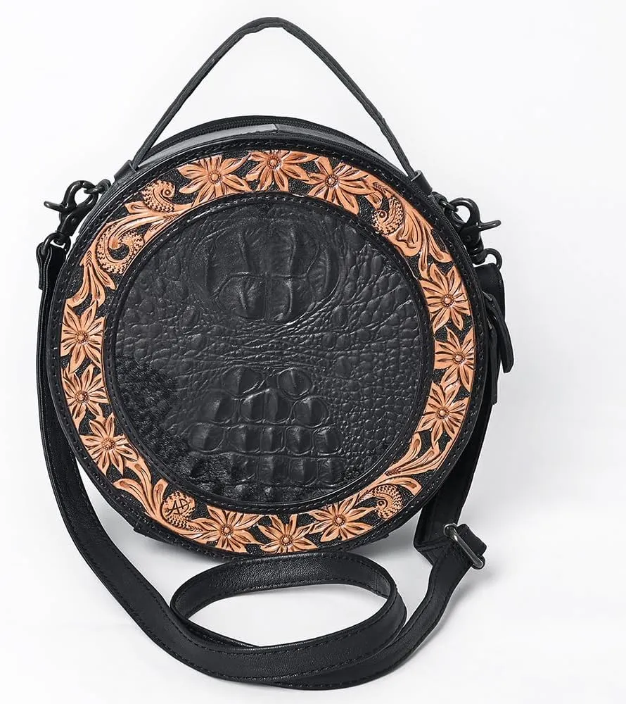 American Darling Hand Tooled & Hair On Crocodile Genuine Leather Canteen Bag