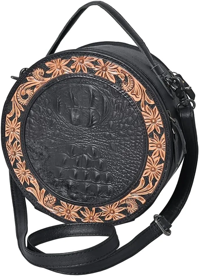 American Darling Hand Tooled & Hair On Crocodile Genuine Leather Canteen Bag