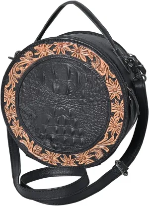 American Darling Hand Tooled & Hair On Crocodile Genuine Leather Canteen Bag