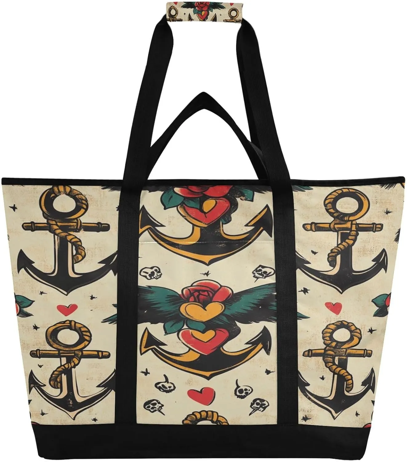 Anchor Flowers Reusable Insulated Lunchbox Cooler Bag, Leakproof Kitchen Grocery Bag Collapsible Portable Cooler Tote Bag for Picnic, Camping, Office, Travel