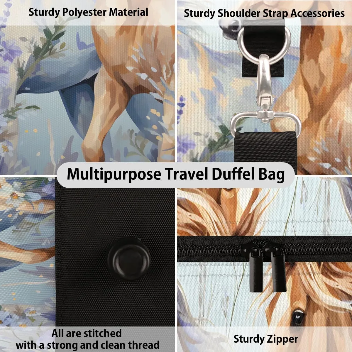 Animal Running Horses Travel Duffel Bag for Women Men Waterproof Foldable Overnight Weekender Bag Large Capacity Sports Gym Bag