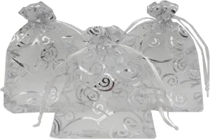 Ankirol Sheer Organza Favor Bags 6x8'' For Wedding Baby Shower 100pcs Gift Bags Samples Display Drawstring Pouches (silver swirl)