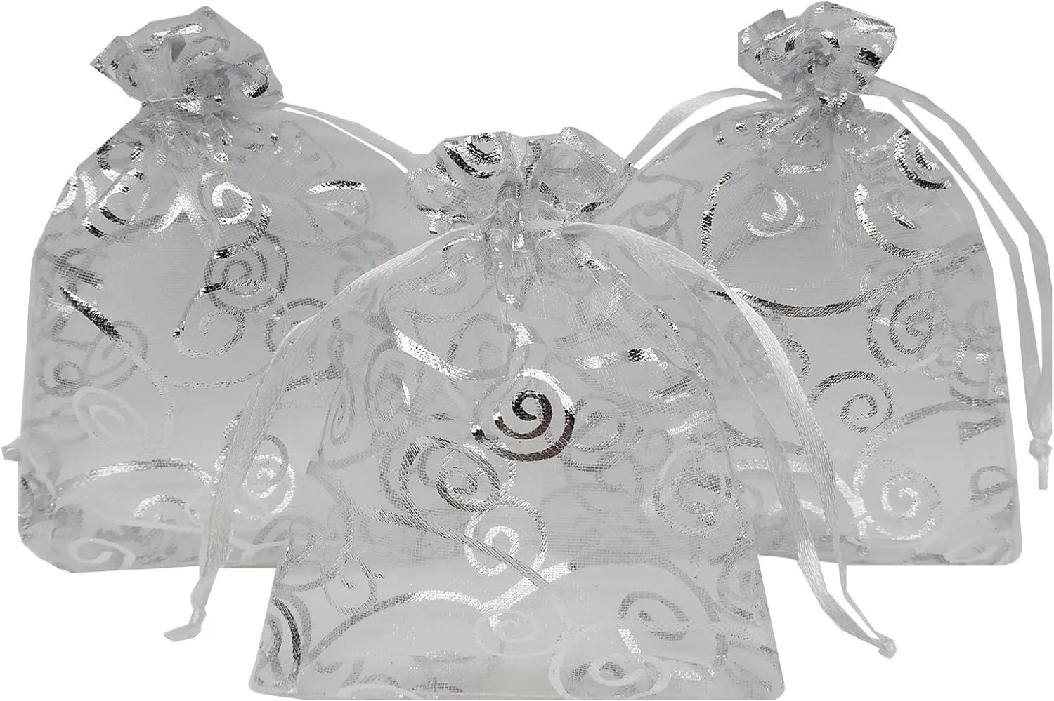 Ankirol Sheer Organza Favor Bags 6x8'' For Wedding Baby Shower 100pcs Gift Bags Samples Display Drawstring Pouches (silver swirl)