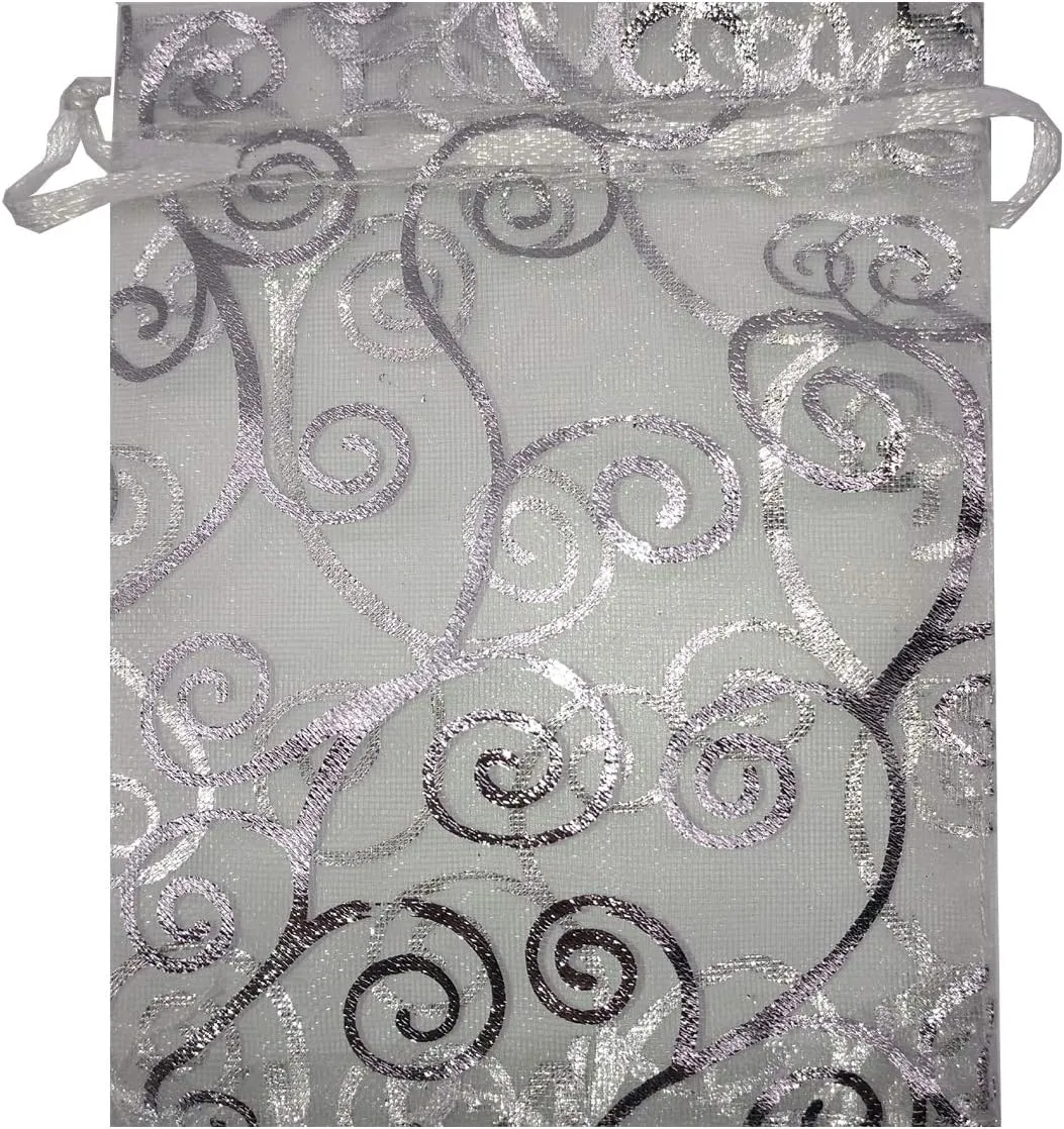 Ankirol Sheer Organza Favor Bags 6x8'' For Wedding Baby Shower 100pcs Gift Bags Samples Display Drawstring Pouches (silver swirl)