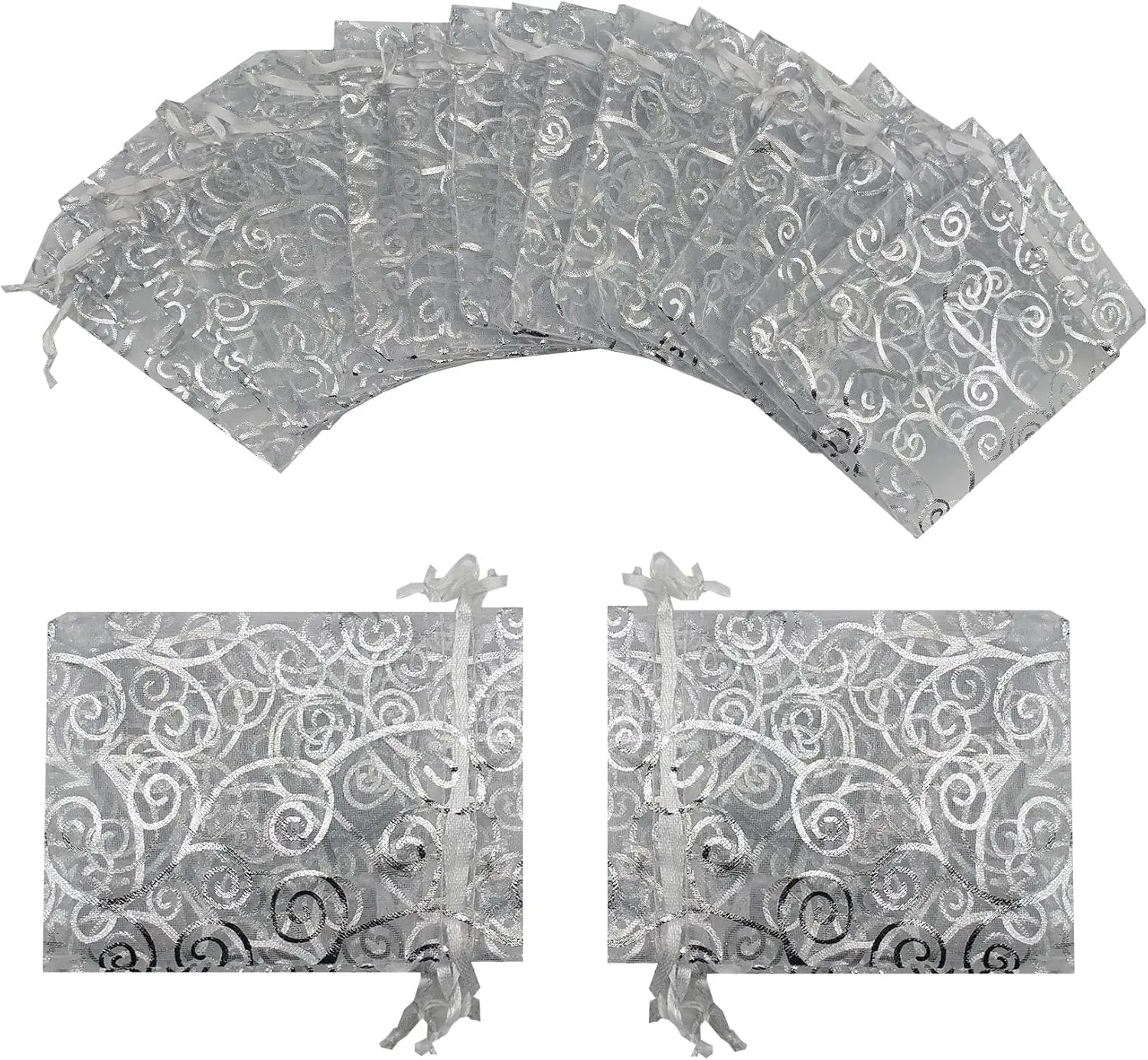 Ankirol Sheer Organza Favor Bags 6x8'' For Wedding Baby Shower 100pcs Gift Bags Samples Display Drawstring Pouches (silver swirl)