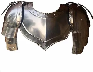 AnNafi® Medieval Iron Gorget with Pauldrons Gothic Spaulders Arm Shoulder Guard Set Viking Crusader Warrior Armor Steel Neck Protector SCA LARP Knight Metal Vembrace Pair Silver Adult