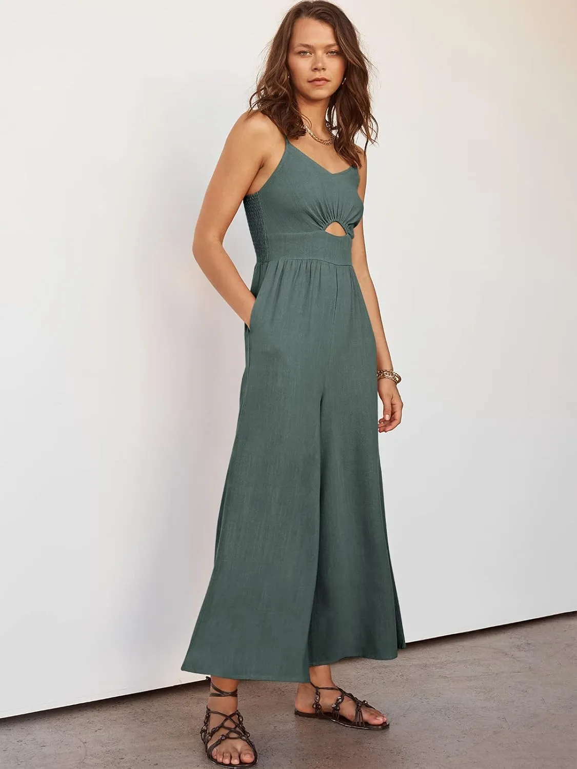 ANRABESS Womens Jumpsuit Summer Beach Vacation Romper 2025 V Neck Sleevelsee Spaghetti Strap Cutout Linen Wide Leg Clothes