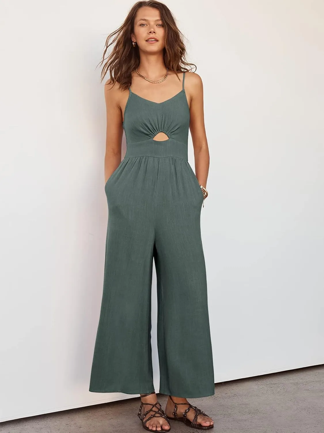 ANRABESS Womens Jumpsuit Summer Beach Vacation Romper 2025 V Neck Sleevelsee Spaghetti Strap Cutout Linen Wide Leg Clothes