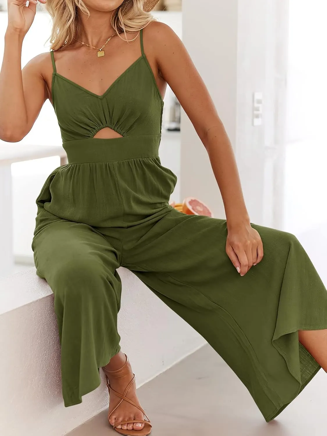 ANRABESS Womens Jumpsuit Summer Beach Vacation Romper 2025 V Neck Sleevelsee Spaghetti Strap Cutout Linen Wide Leg Clothes