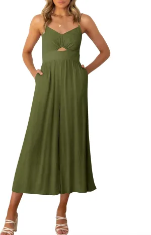 ANRABESS Womens Jumpsuit Summer Beach Vacation Romper 2025 V Neck Sleevelsee Spaghetti Strap Cutout Linen Wide Leg Clothes