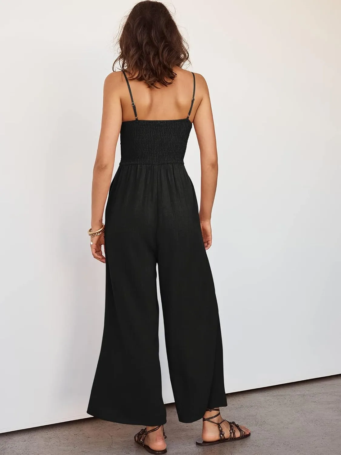 ANRABESS Womens Jumpsuit Summer Beach Vacation Romper 2025 V Neck Sleevelsee Spaghetti Strap Cutout Linen Wide Leg Clothes