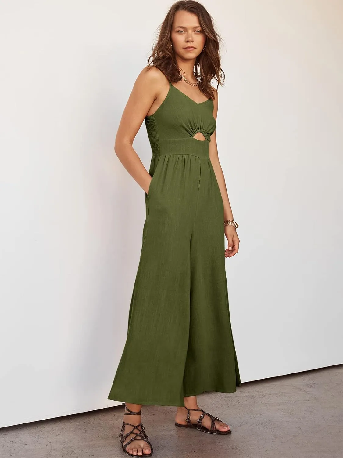 ANRABESS Womens Jumpsuit Summer Beach Vacation Romper 2025 V Neck Sleevelsee Spaghetti Strap Cutout Linen Wide Leg Clothes