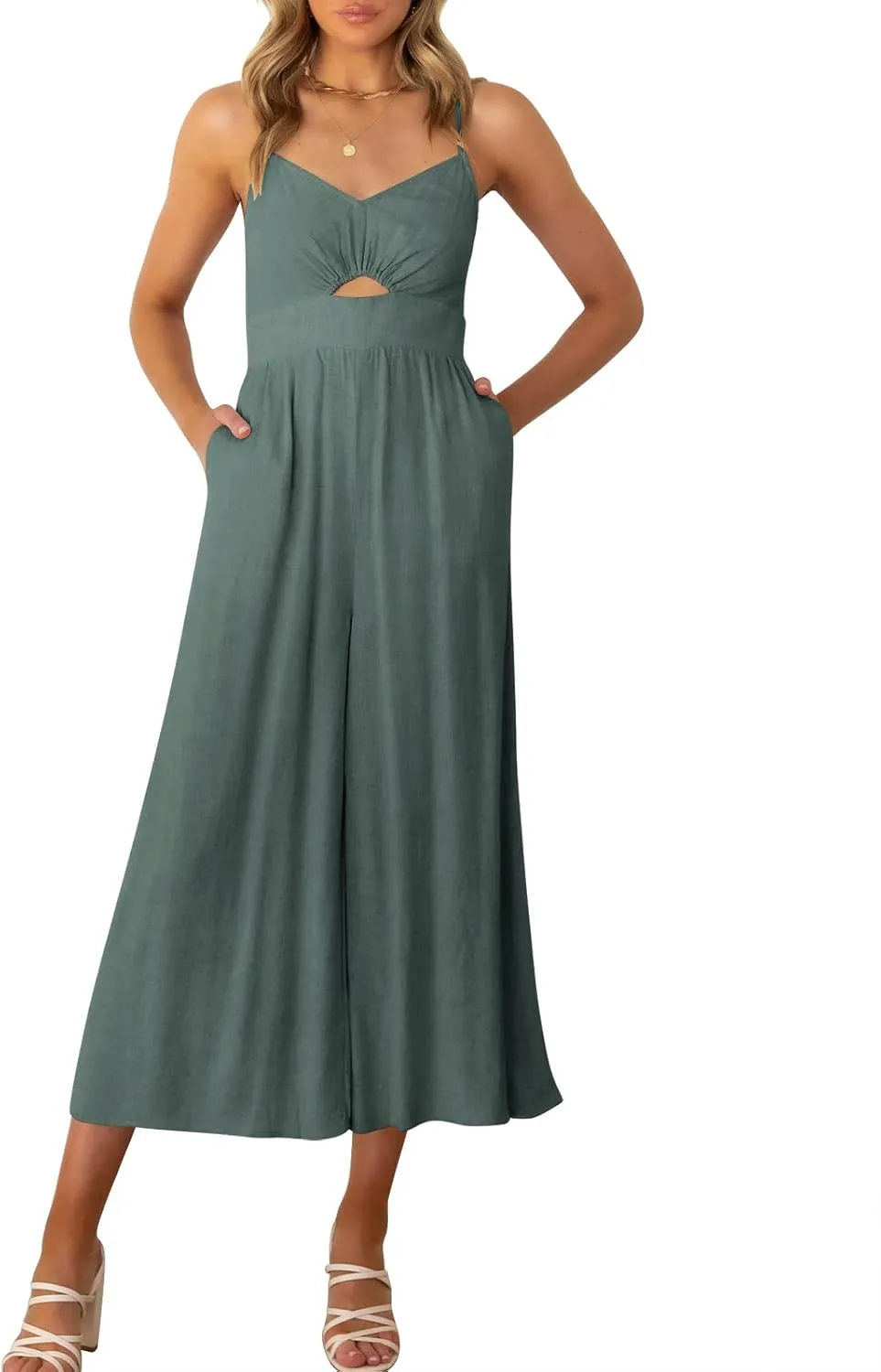 ANRABESS Womens Jumpsuit Summer Beach Vacation Romper 2025 V Neck Sleevelsee Spaghetti Strap Cutout Linen Wide Leg Clothes