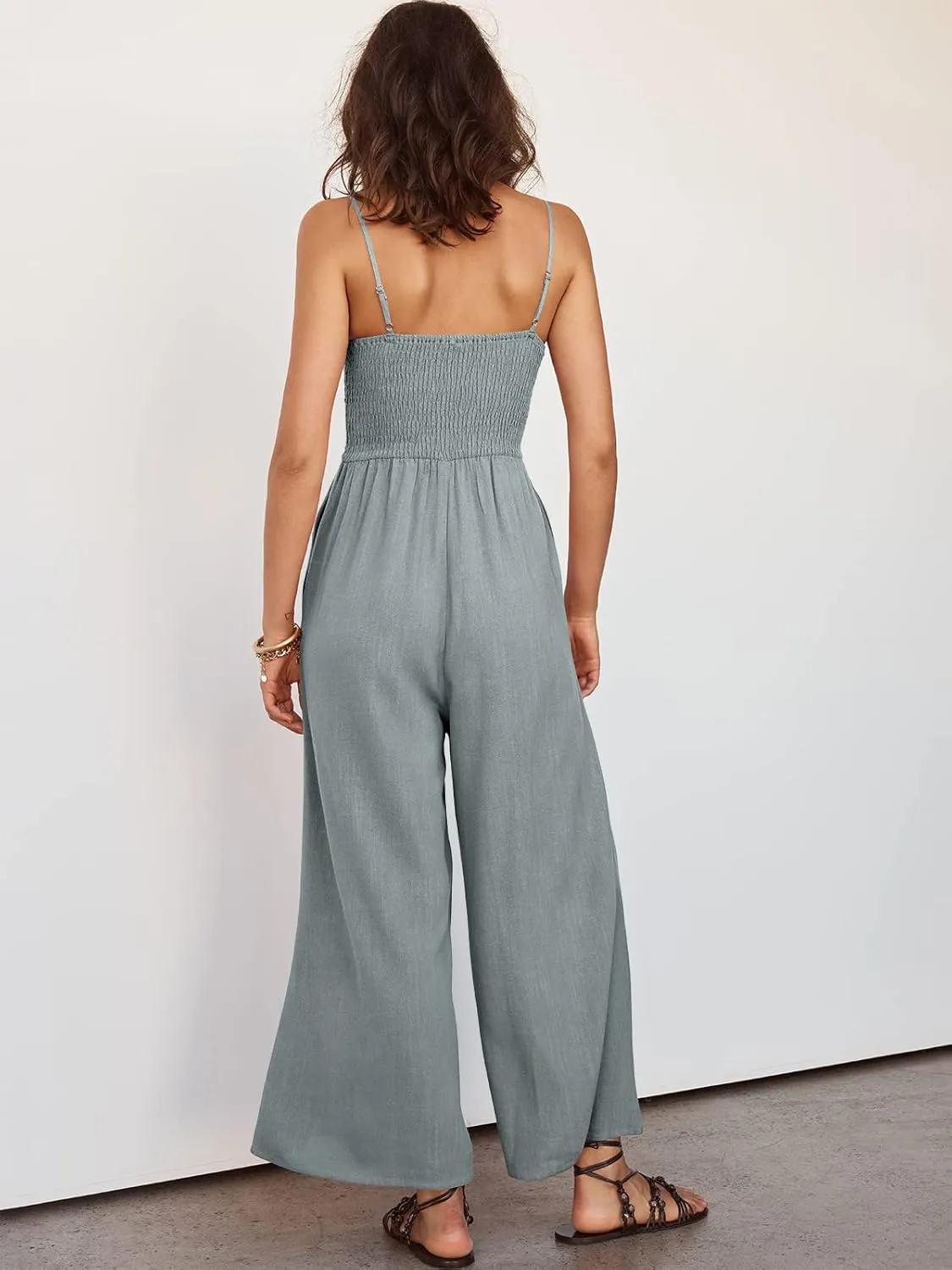 ANRABESS Womens Jumpsuit Summer Beach Vacation Romper 2025 V Neck Sleevelsee Spaghetti Strap Cutout Linen Wide Leg Clothes