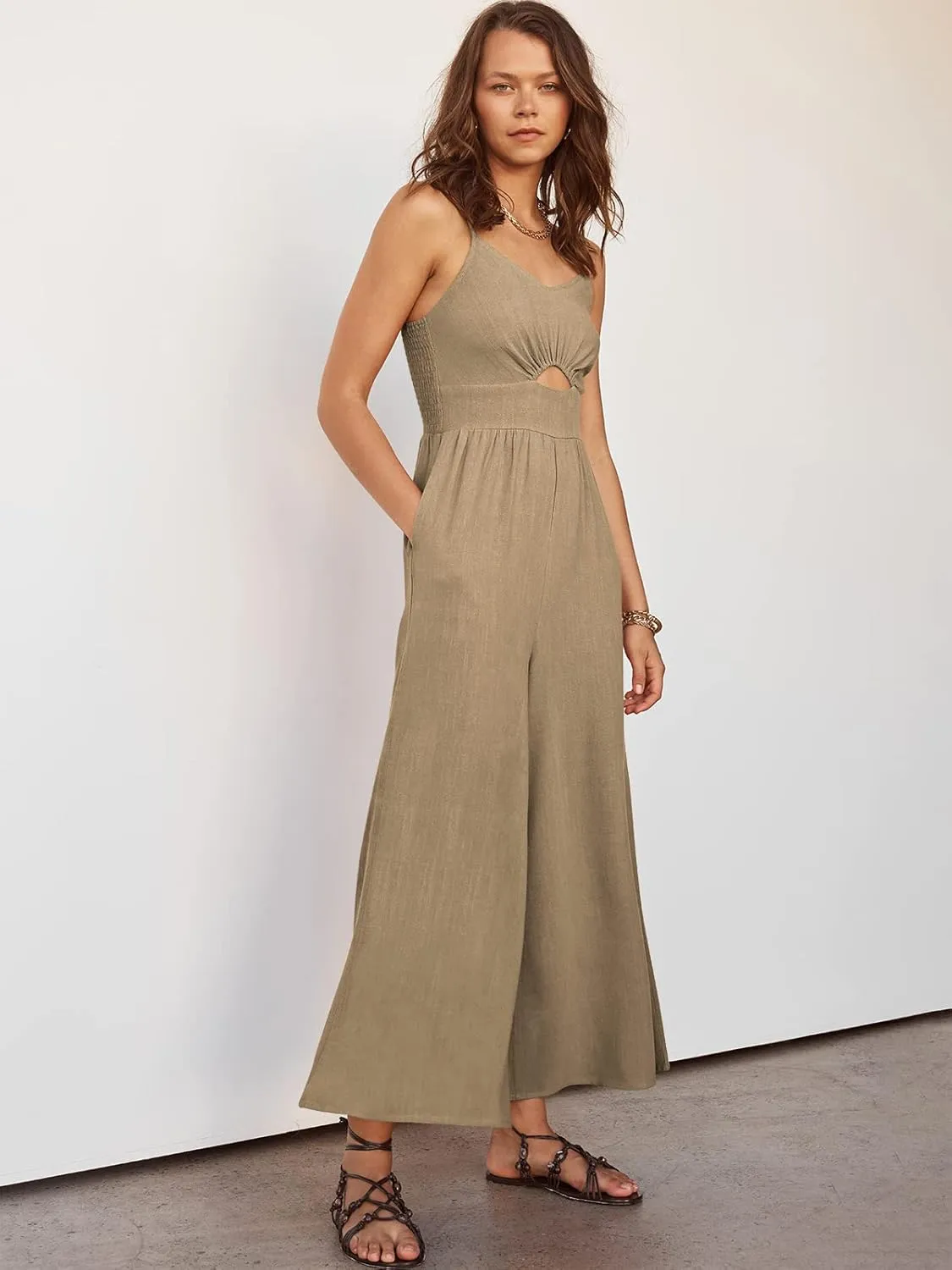 ANRABESS Womens Jumpsuit Summer Beach Vacation Romper 2025 V Neck Sleevelsee Spaghetti Strap Cutout Linen Wide Leg Clothes