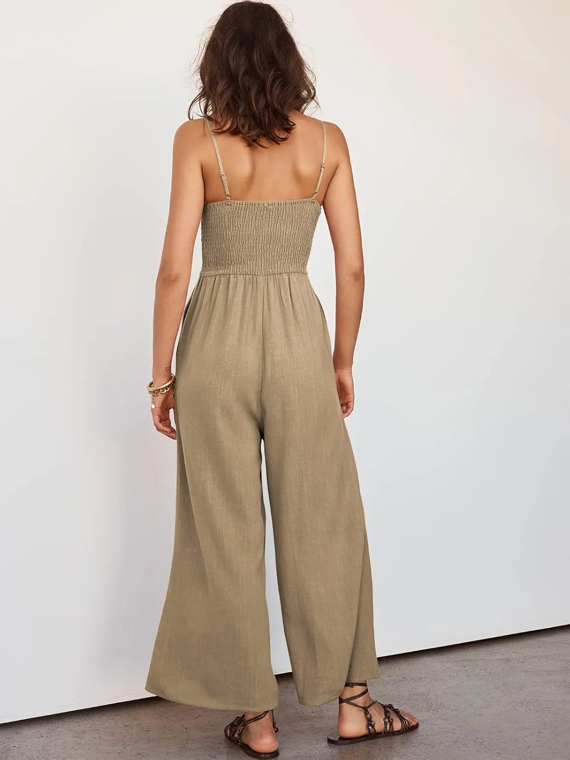 ANRABESS Womens Jumpsuit Summer Beach Vacation Romper 2025 V Neck Sleevelsee Spaghetti Strap Cutout Linen Wide Leg Clothes