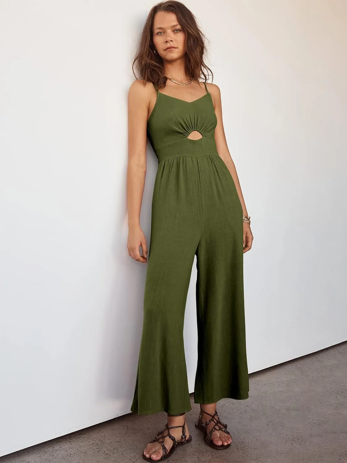 ANRABESS Womens Jumpsuit Summer Beach Vacation Romper 2025 V Neck Sleevelsee Spaghetti Strap Cutout Linen Wide Leg Clothes