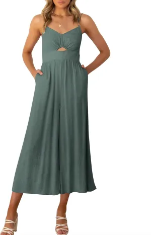 ANRABESS Womens Jumpsuit Summer Beach Vacation Romper 2025 V Neck Sleevelsee Spaghetti Strap Cutout Linen Wide Leg Clothes
