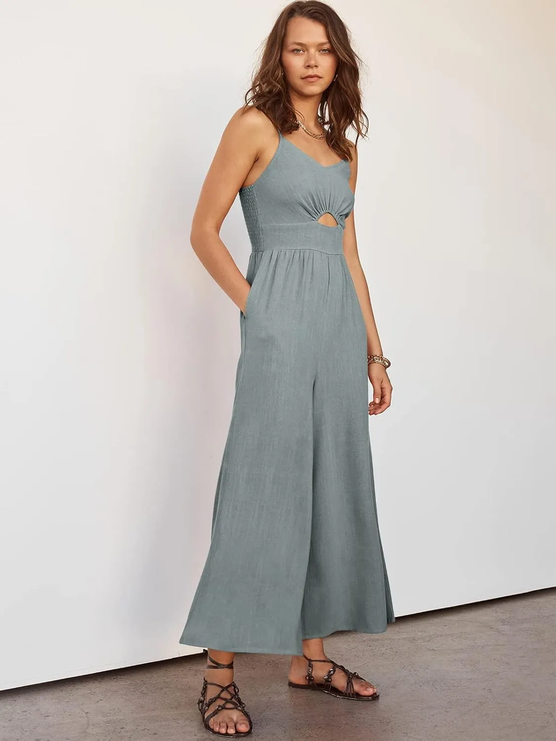 ANRABESS Womens Jumpsuit Summer Beach Vacation Romper 2025 V Neck Sleevelsee Spaghetti Strap Cutout Linen Wide Leg Clothes