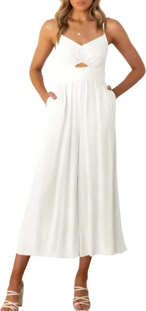ANRABESS Womens Jumpsuit Summer Beach Vacation Romper 2025 V Neck Sleevelsee Spaghetti Strap Cutout Linen Wide Leg Clothes