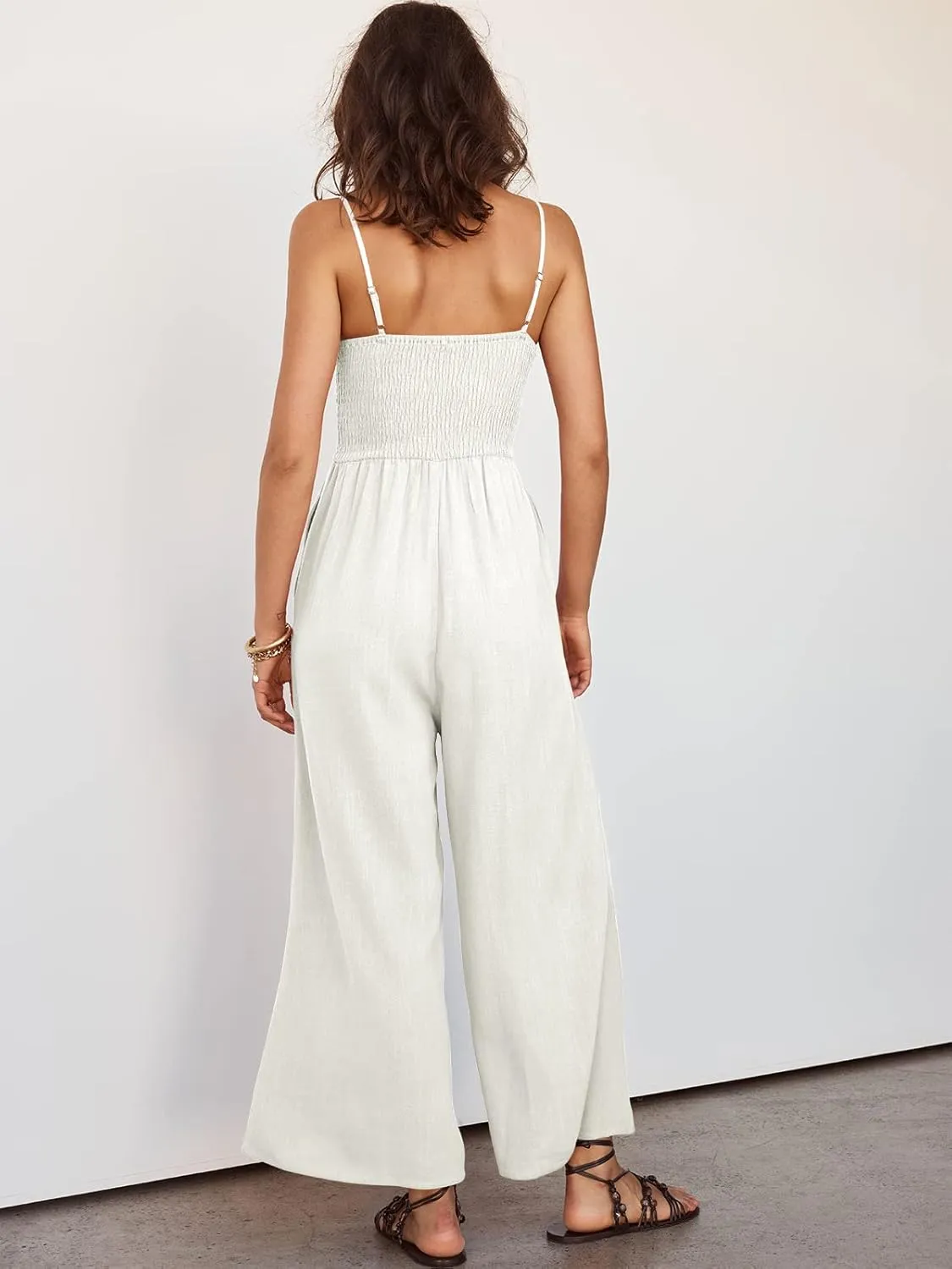 ANRABESS Womens Jumpsuit Summer Beach Vacation Romper 2025 V Neck Sleevelsee Spaghetti Strap Cutout Linen Wide Leg Clothes